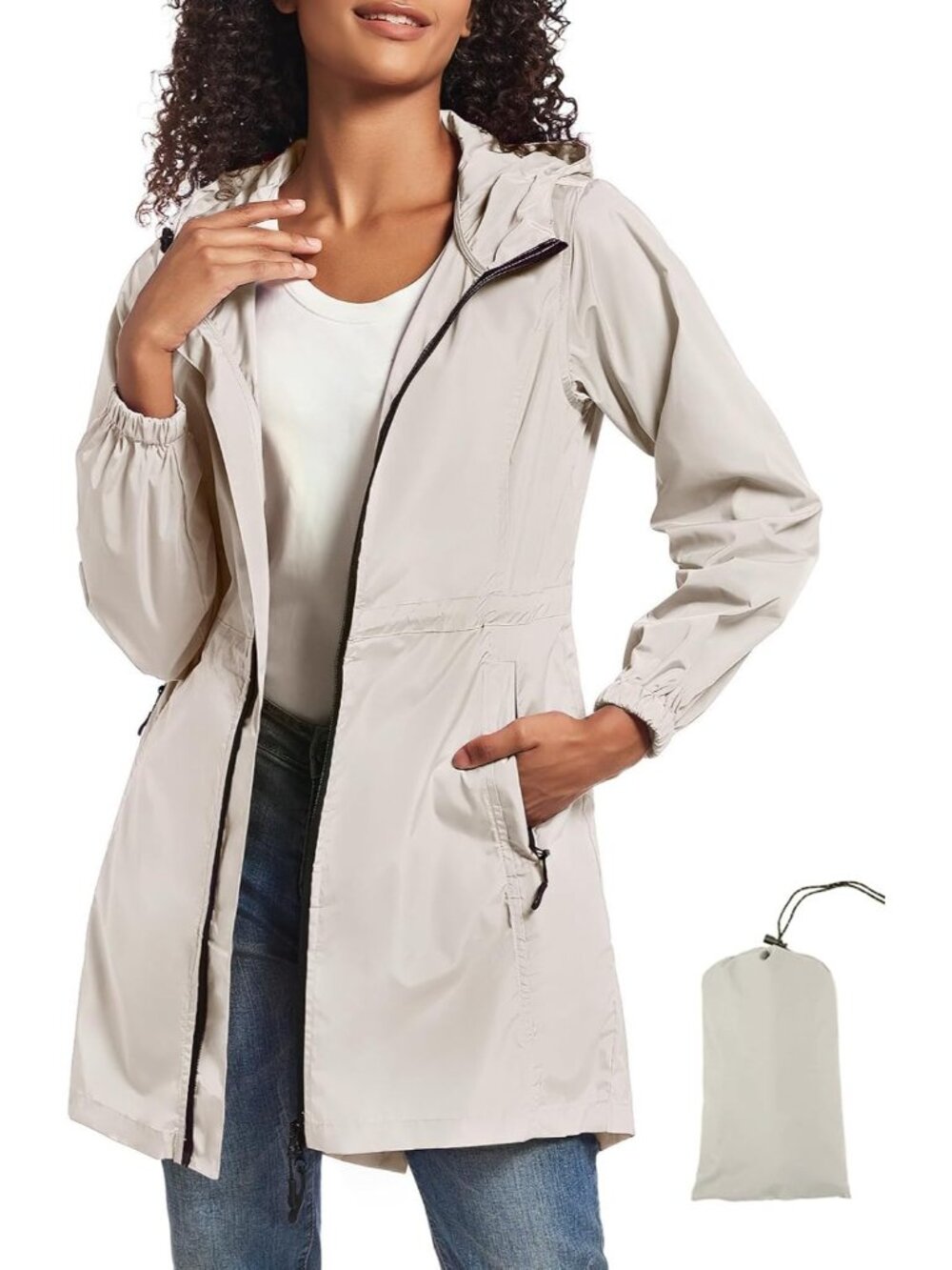 Women's Cream Hooded Waterproof Drawcord Waist Zip Pockets Packable Trench Coat